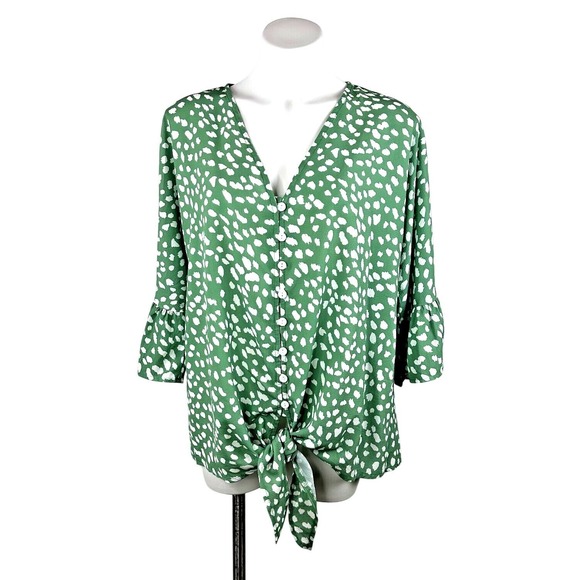 Kancystore XL Blouse Green White Button Down Tie Knot 3/4 Bell Sleeve V Neck - Picture 2 of 8